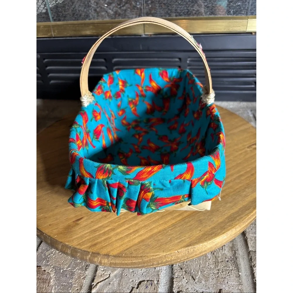 Handcrafted Basket w/ Turquoise Liner & Red Chili‎ Peppers Southwestern 12